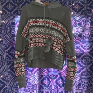 Gray hoodie with holiday design and Sherpa hoodie.
